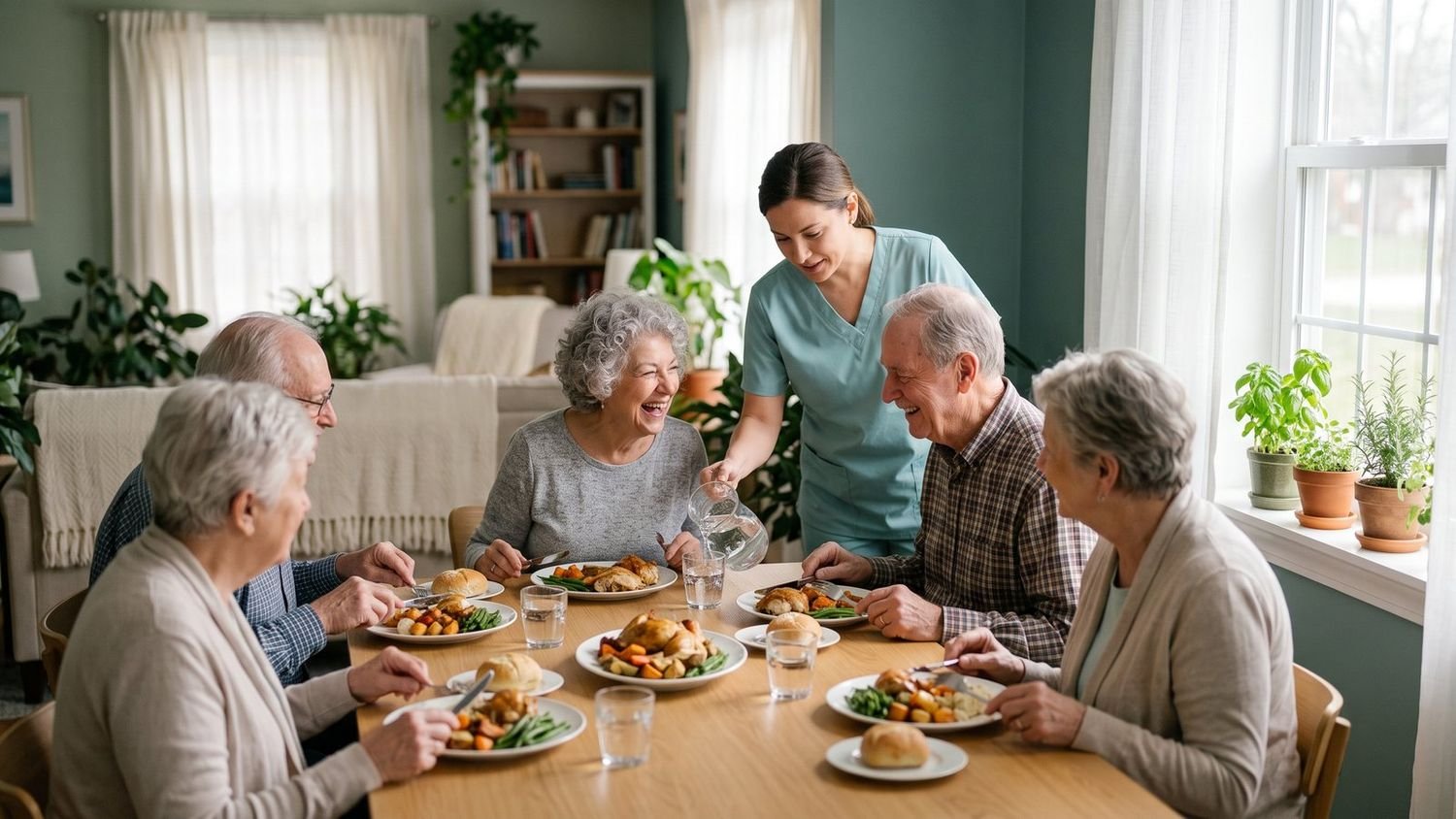 Participants having lunch together at a long table