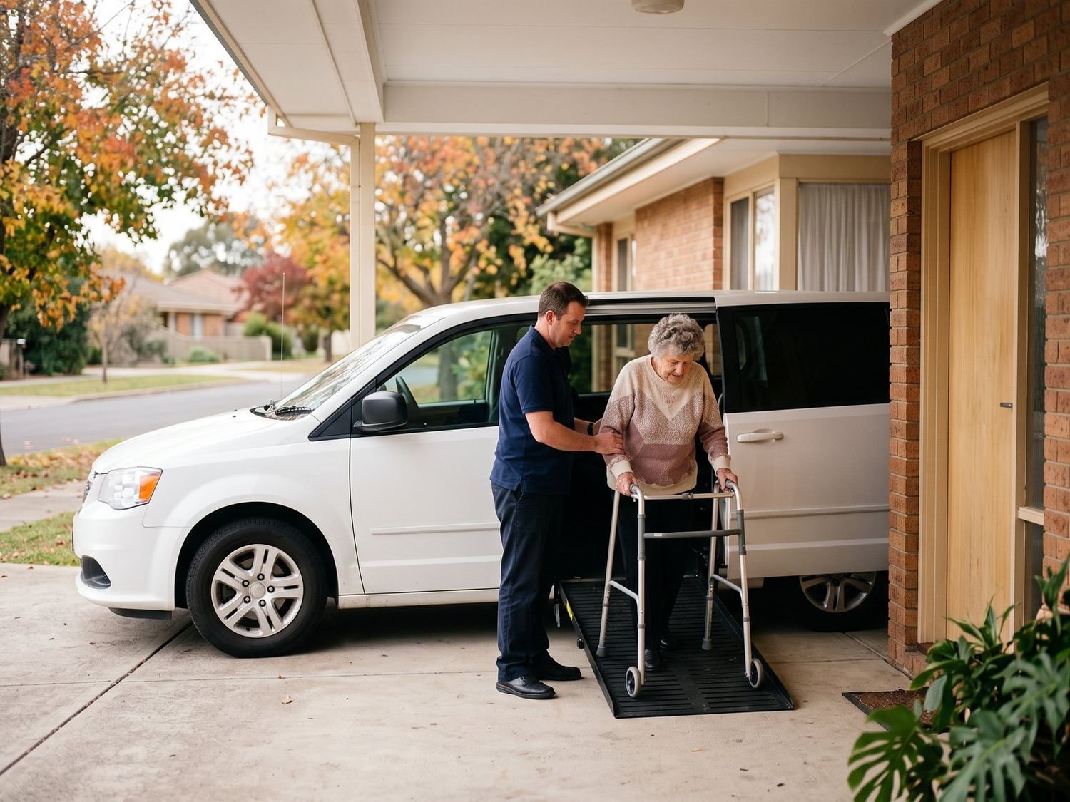 The wheelchair accessible van waiting at the entrance