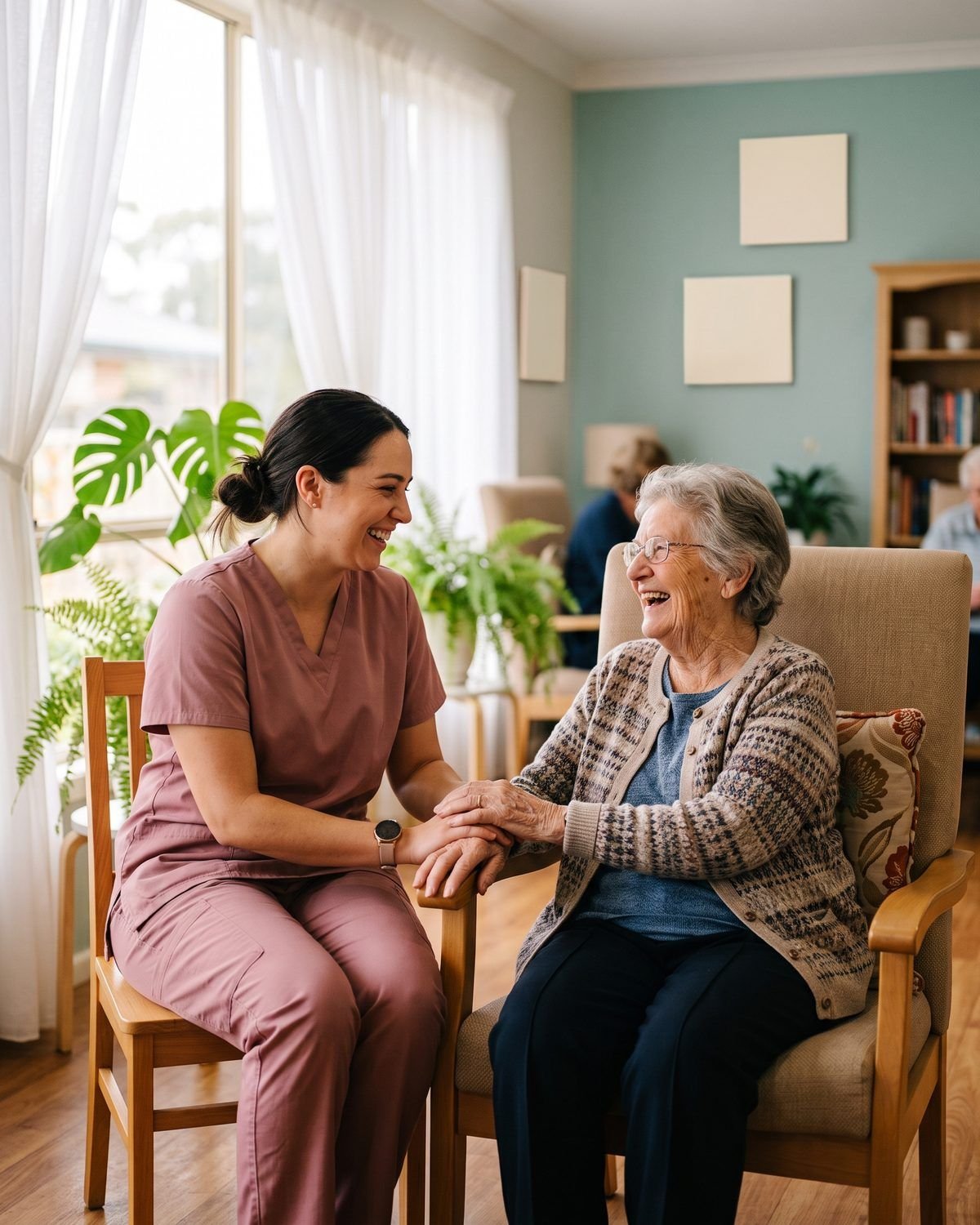 A caregiver sitting with a participant at Caring Hands Healthcare