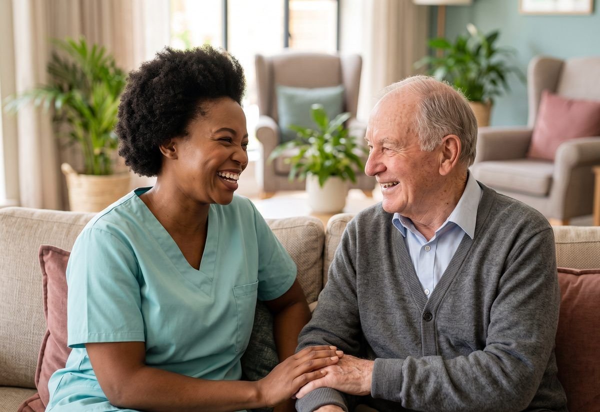 A caregiver laughing with a participant